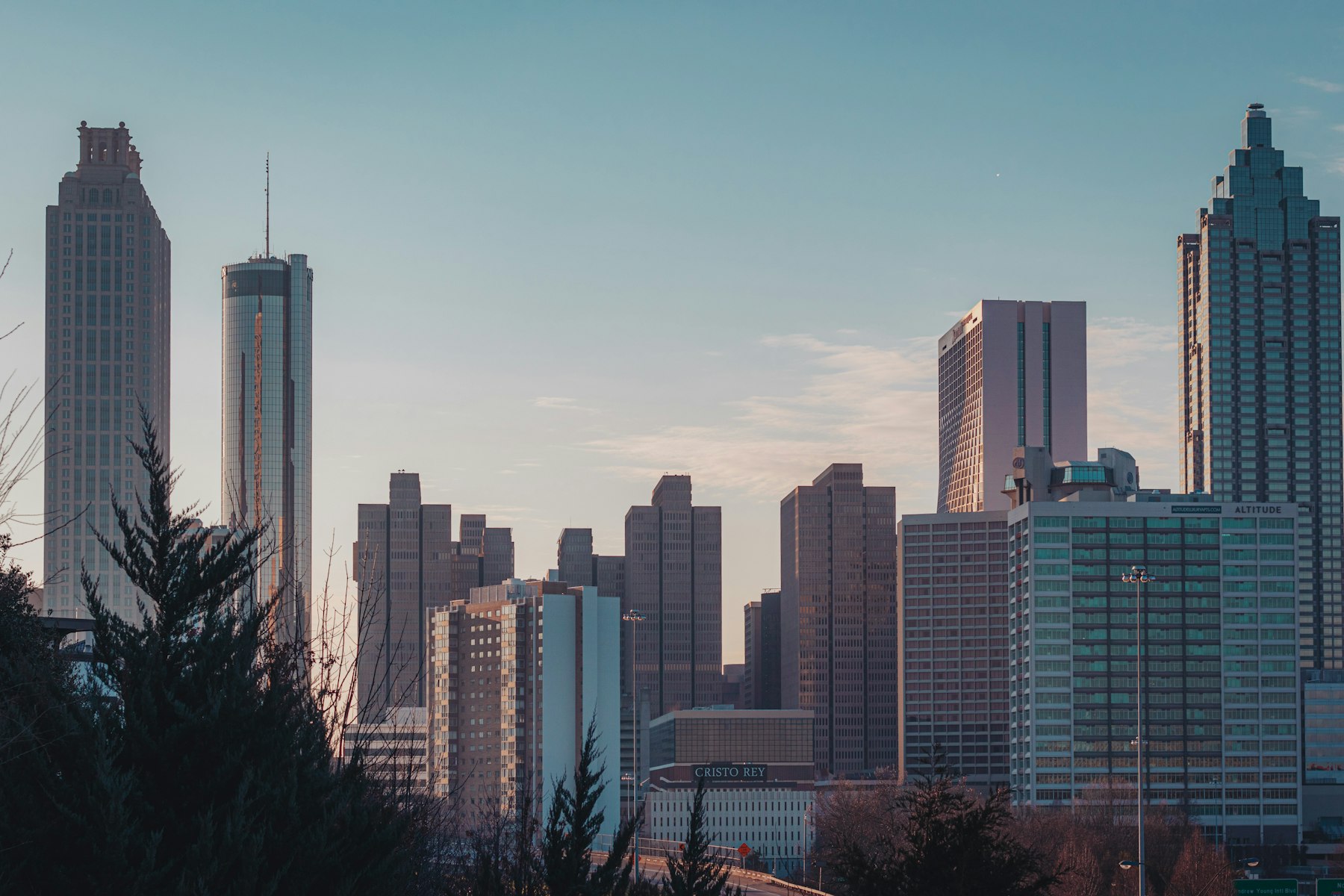 Atlanta city skyline under blue sky